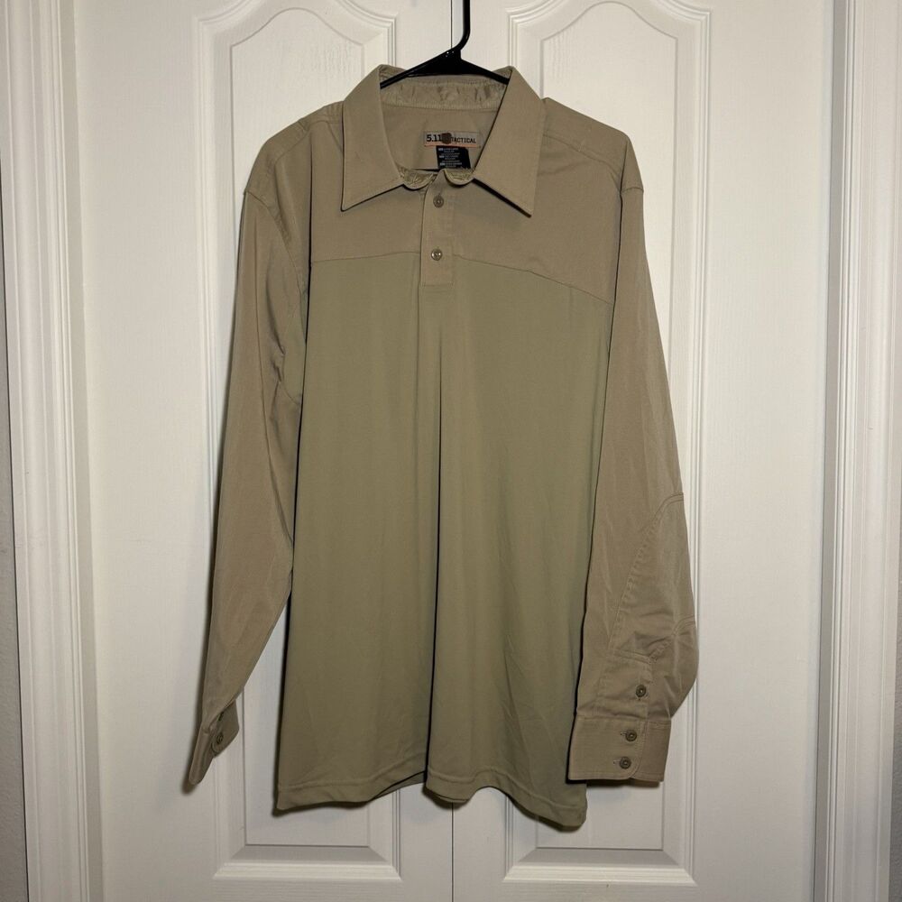 5.11 Tactical Mens XLarge Long Sleeve Polo Khaki Performance Top Wool Button Up